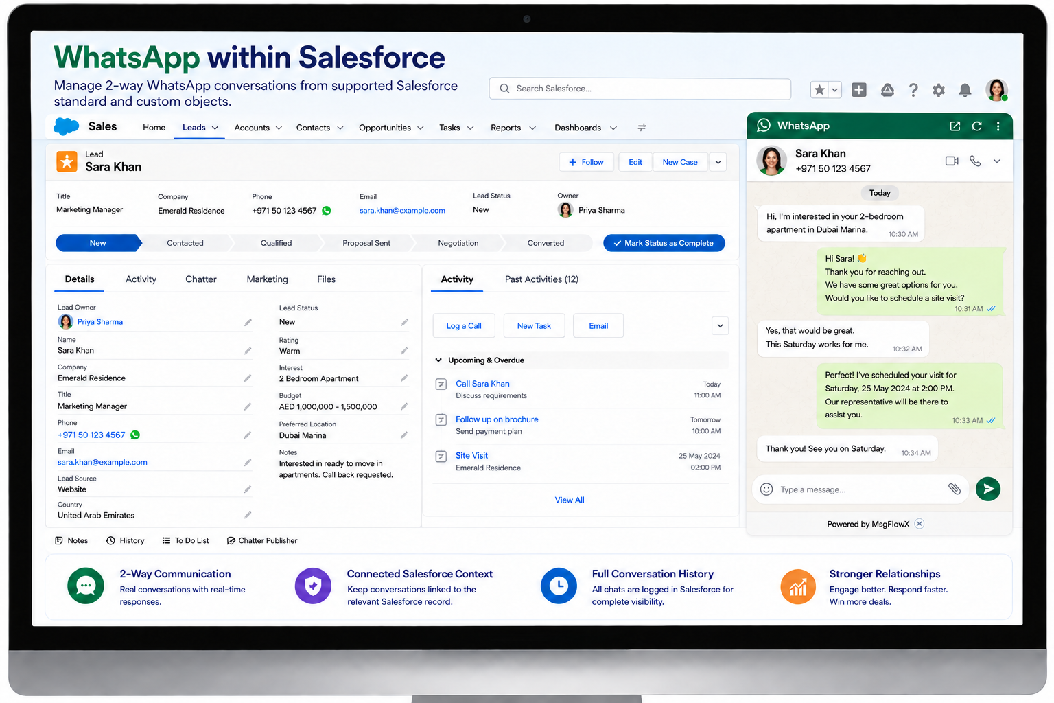 MsgFlowX WhatsApp conversation connected to a supported Salesforce record